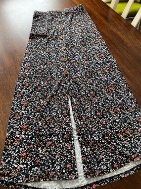 SO Black Floral Print Maxi Skirt with Button Front